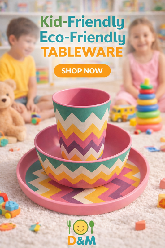 Eco-Friendly Bamboo Kids Dinner Set -Pink Zigzag