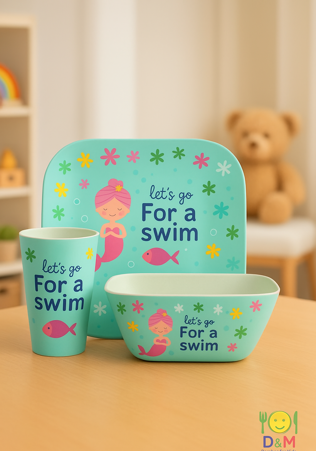 Eco-Friendly Bamboo Kids Dinner Set- Lets go Swim design