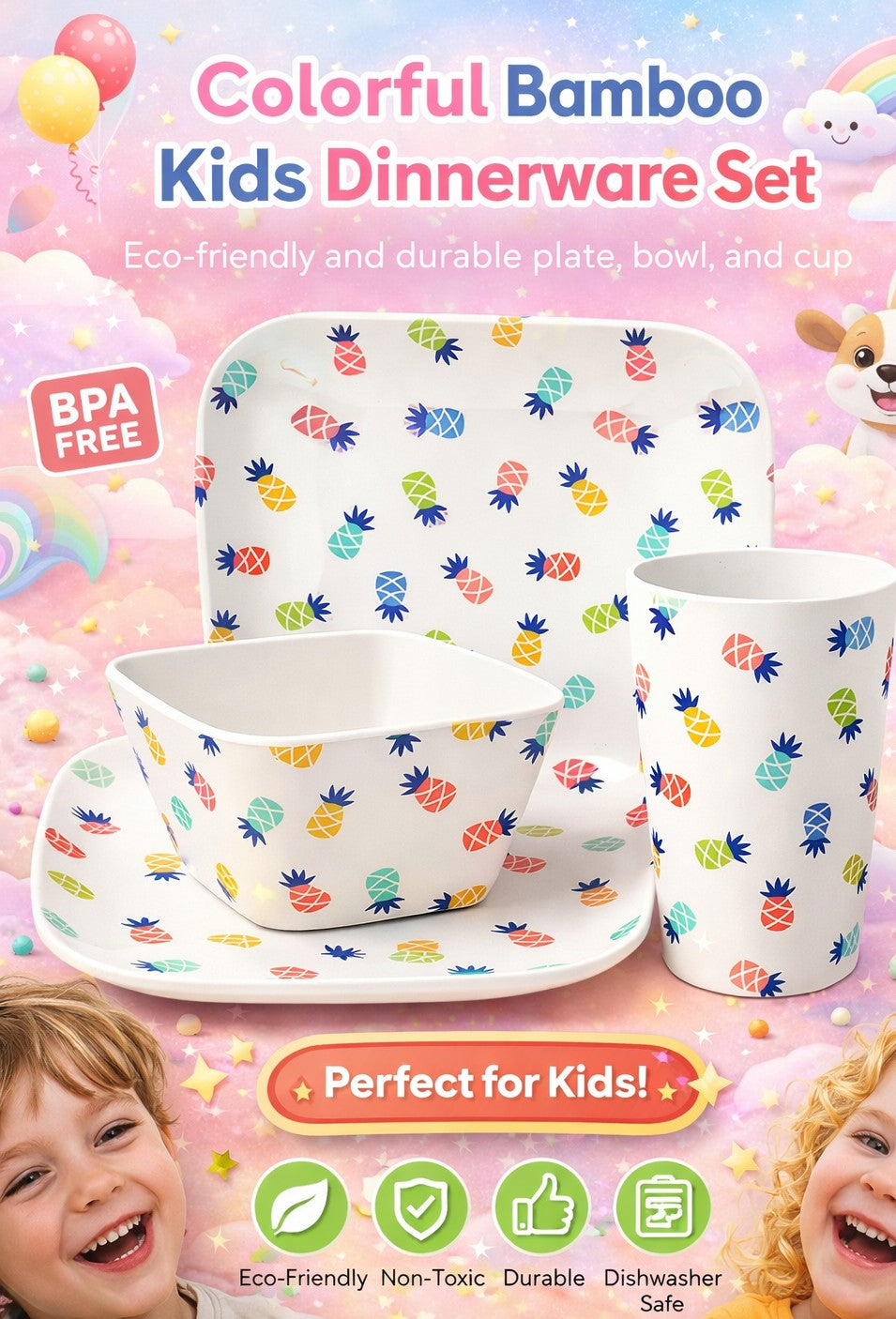 Eco-Friendly Bamboo Kids Dinner Set | Plate, Bowl & Cup-Pineapple design