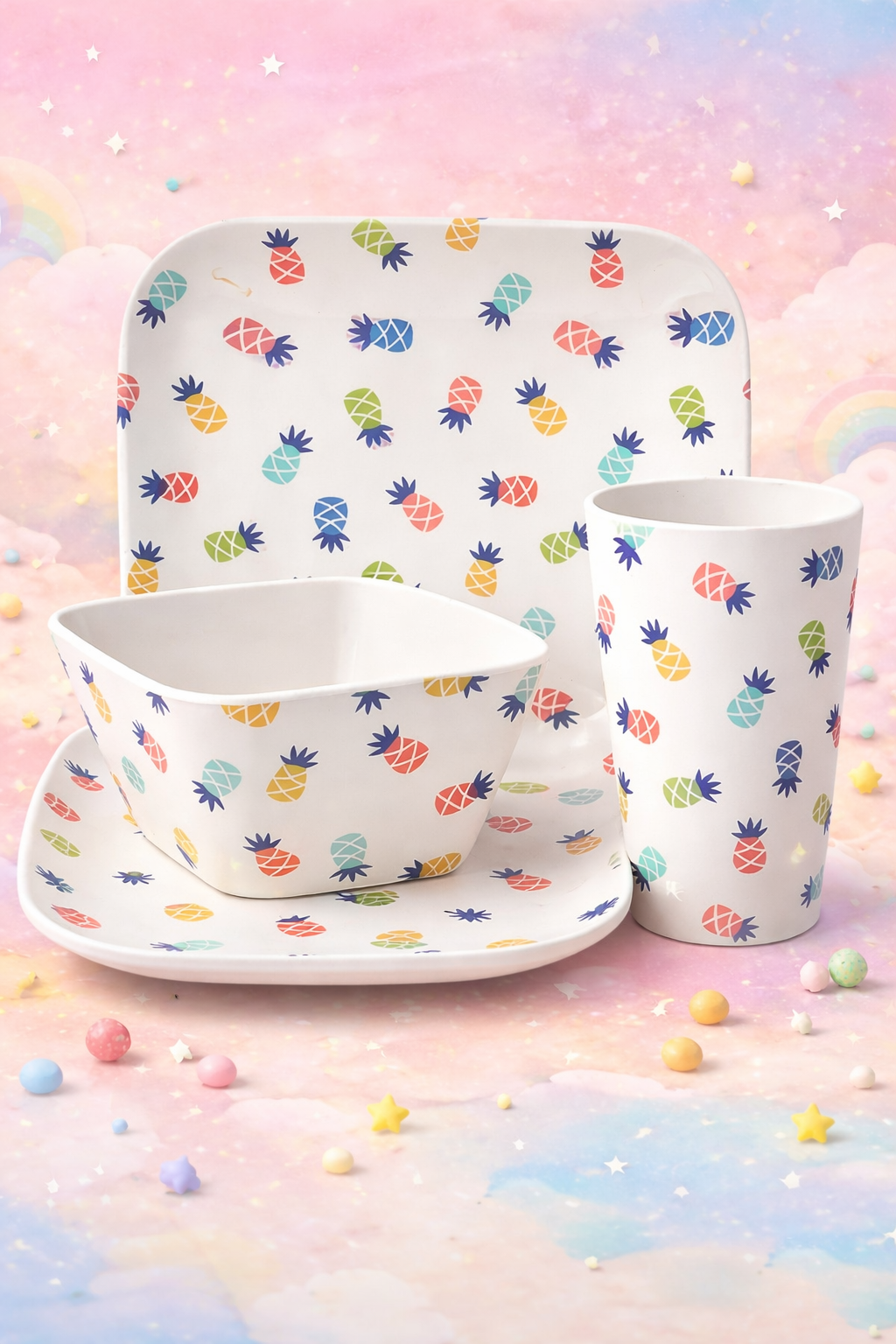 Eco-Friendly Bamboo Kids Dinner Set | Plate, Bowl & Cup-Pineapple design