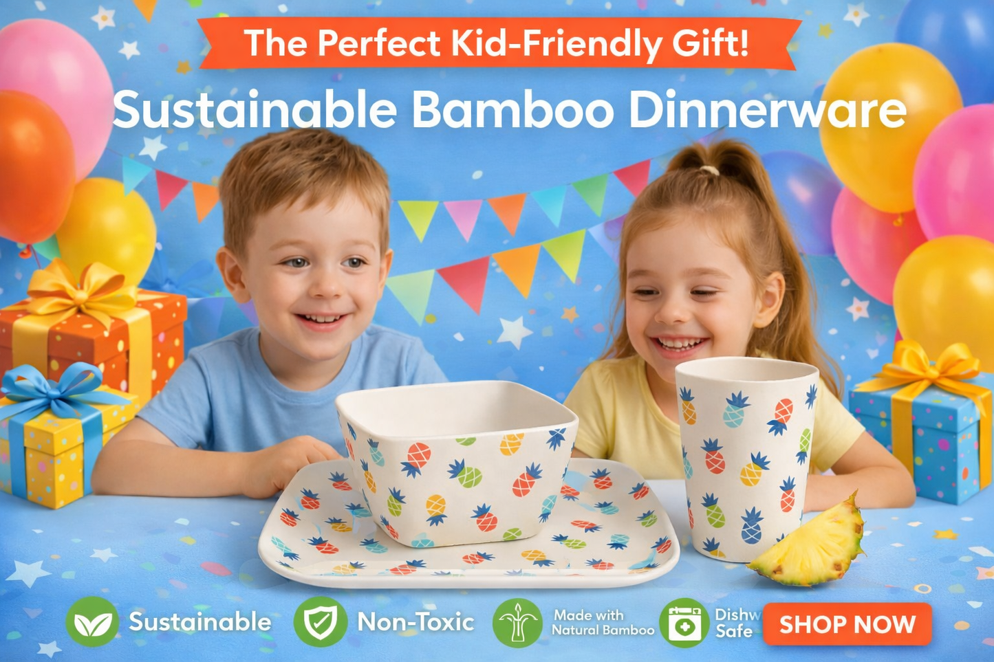 Eco-Friendly Bamboo Kids Dinner Set | Plate, Bowl & Cup-Pineapple design