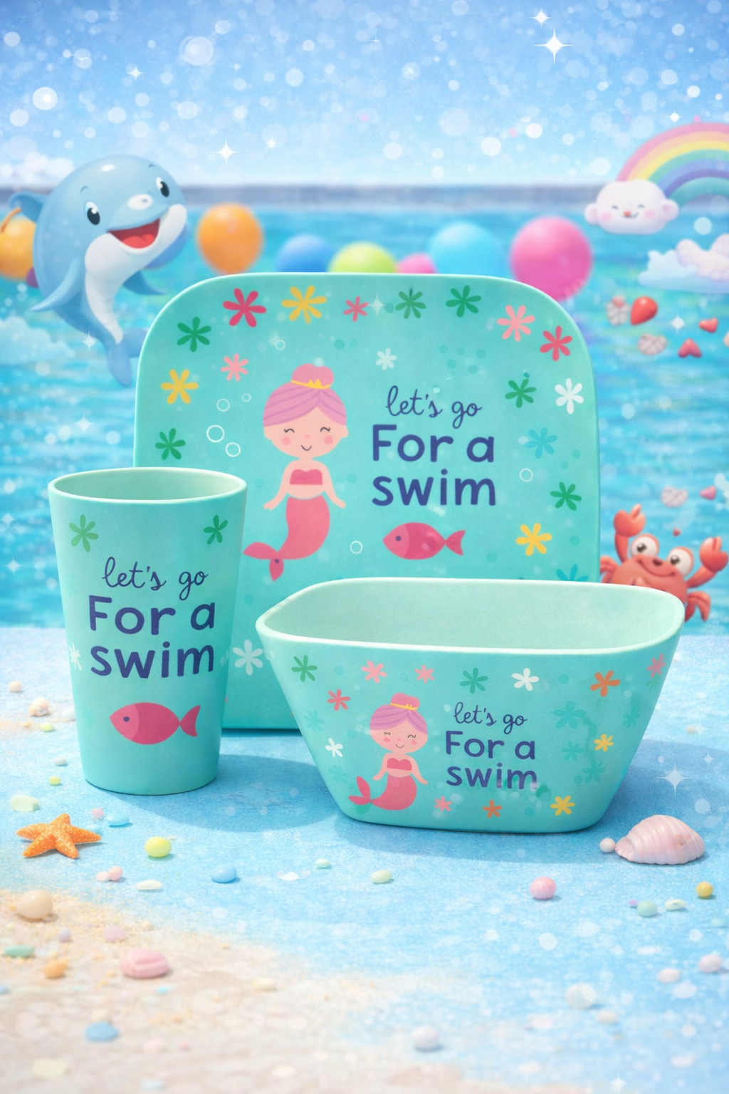 Eco-Friendly Bamboo Kids Dinner Set- Lets go Swim design