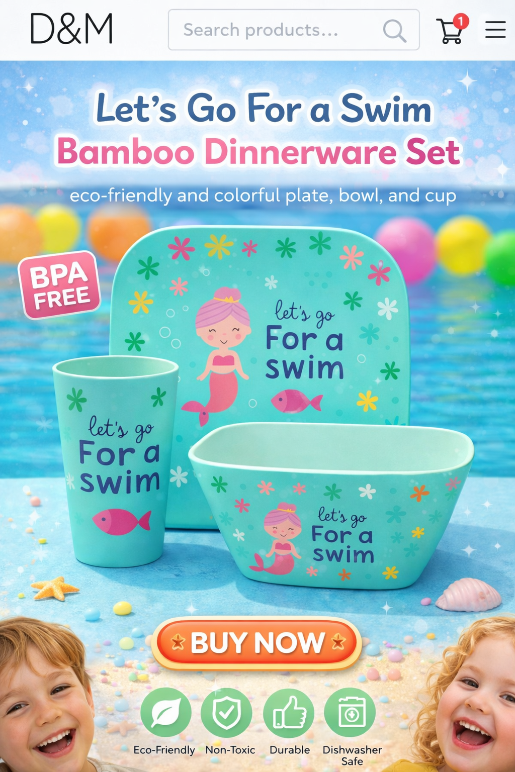 Eco-Friendly Bamboo Kids Dinner Set- Lets go Swim design