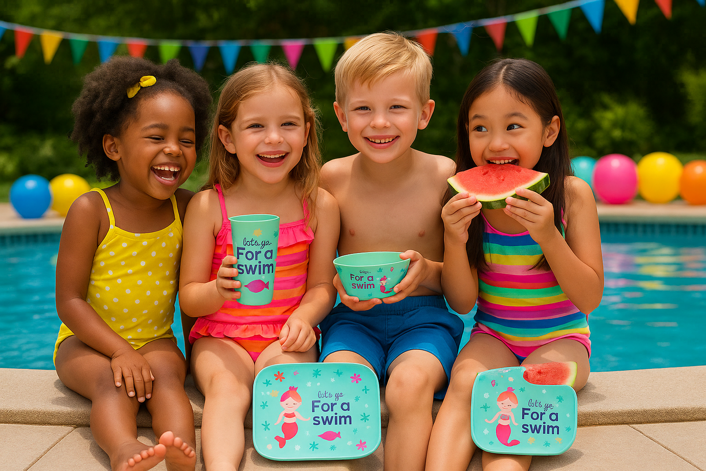 Eco-Friendly Bamboo Kids Dinner Set- Lets go Swim design