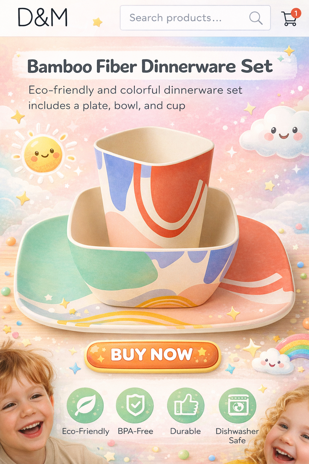 Eco-Friendly Bamboo Kids Dinner Set-Free Hand Design