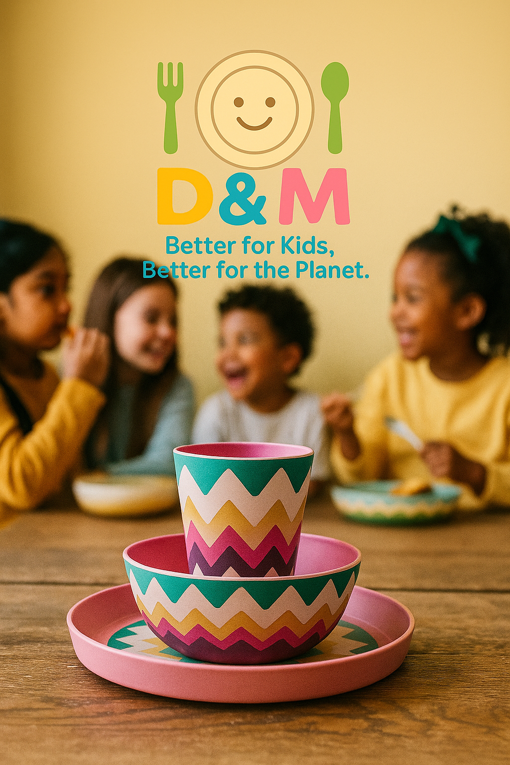 Eco-Friendly Bamboo Kids Dinner Set -Pink Zigzag